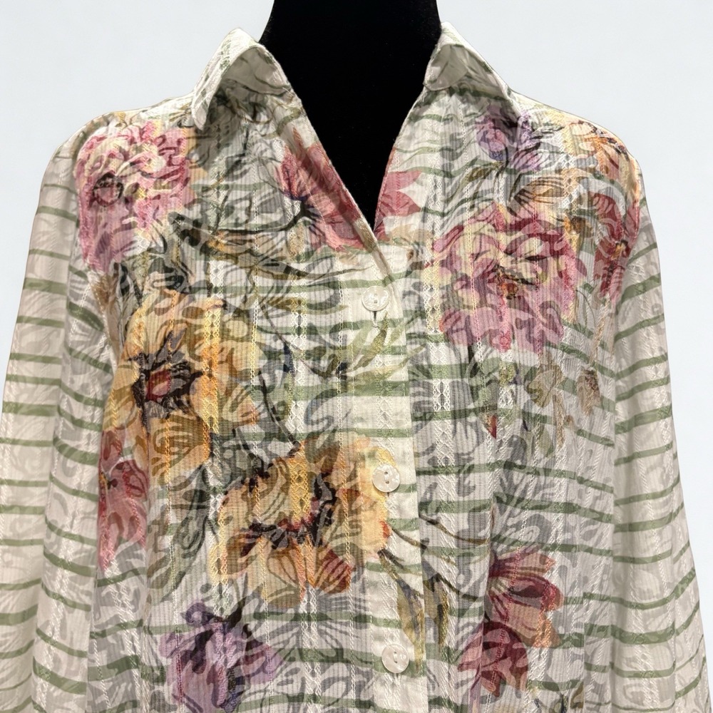 Alfred Dunner Woman's Striped Floral Blouse Semi-Sheer 3/4 Sleeve Size S Vintage - Picture 2 of 11